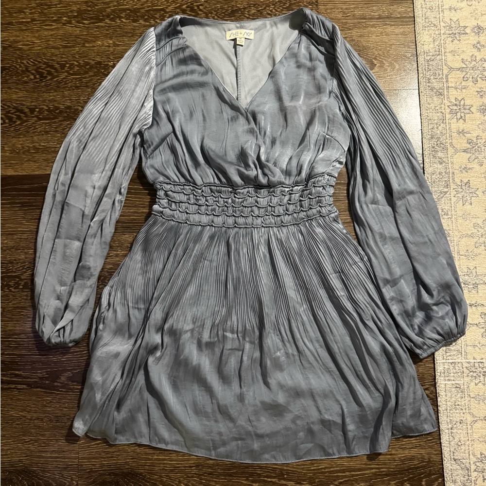 She + Sky Charcoal Long Sleeve Silky feel, Pleated Dress